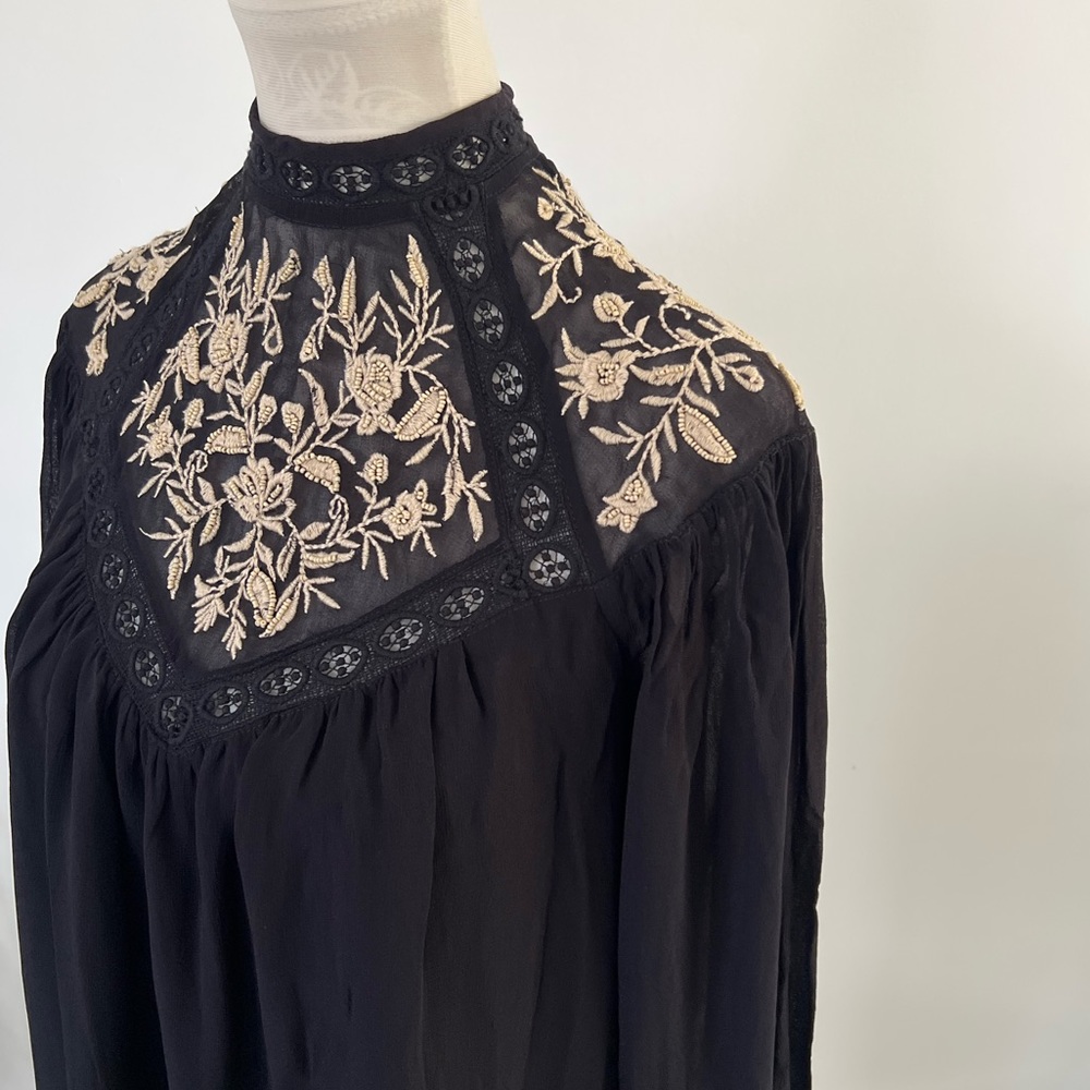 River Island black embroidered smock mini dress festival boho hippy Ibiza sz 8 - Picture 6 of 15